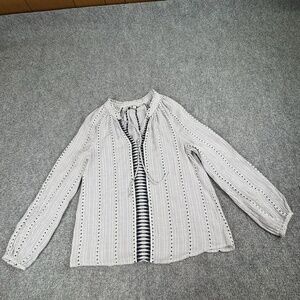 Lucky Brand‎ Blouse Womens M Peasant Navy Striped Boho Tie Neck Coastal Cottage